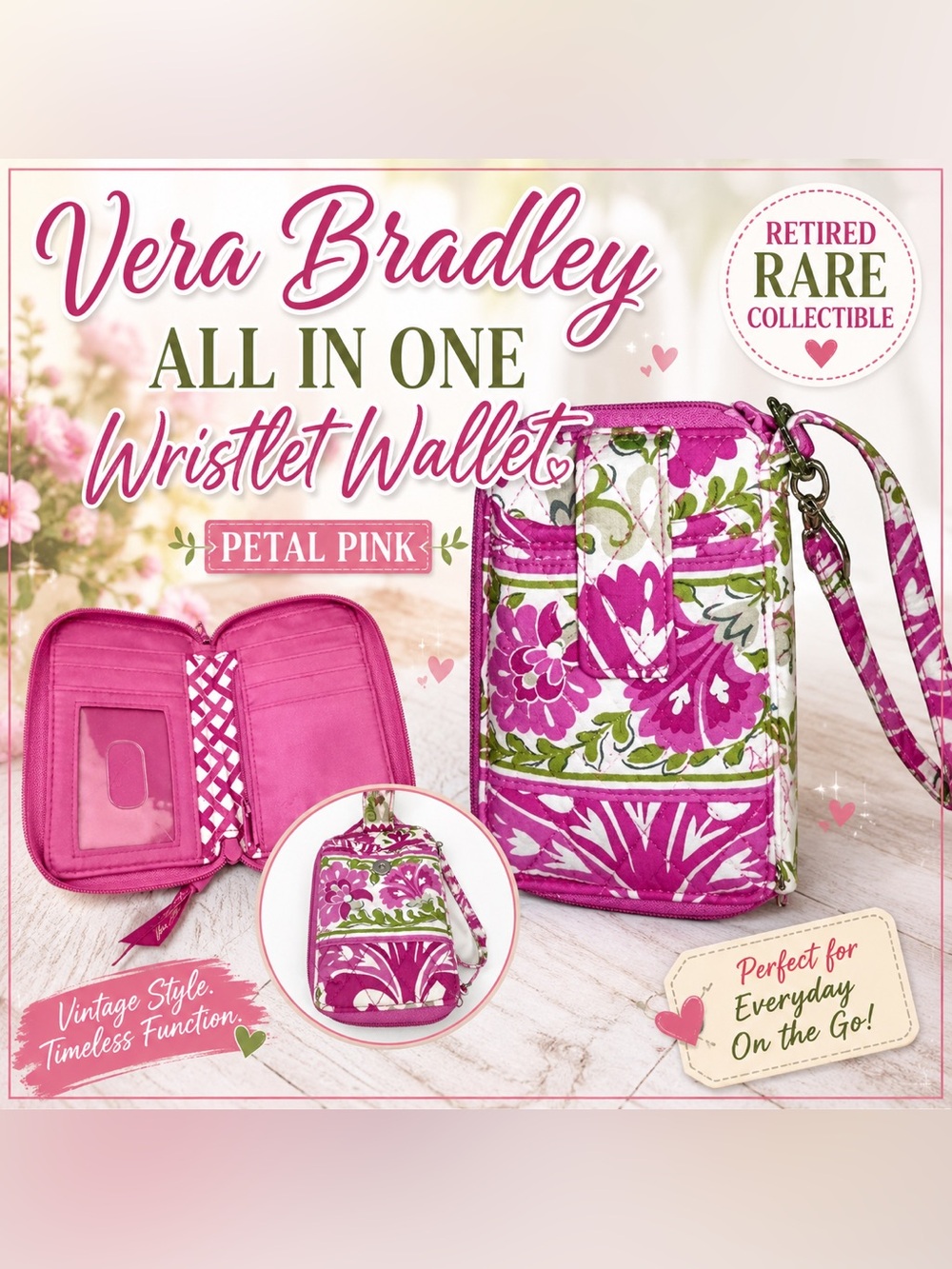 Vera Bradley Petal Pink All in One Wristlet Wallet Retired Floral